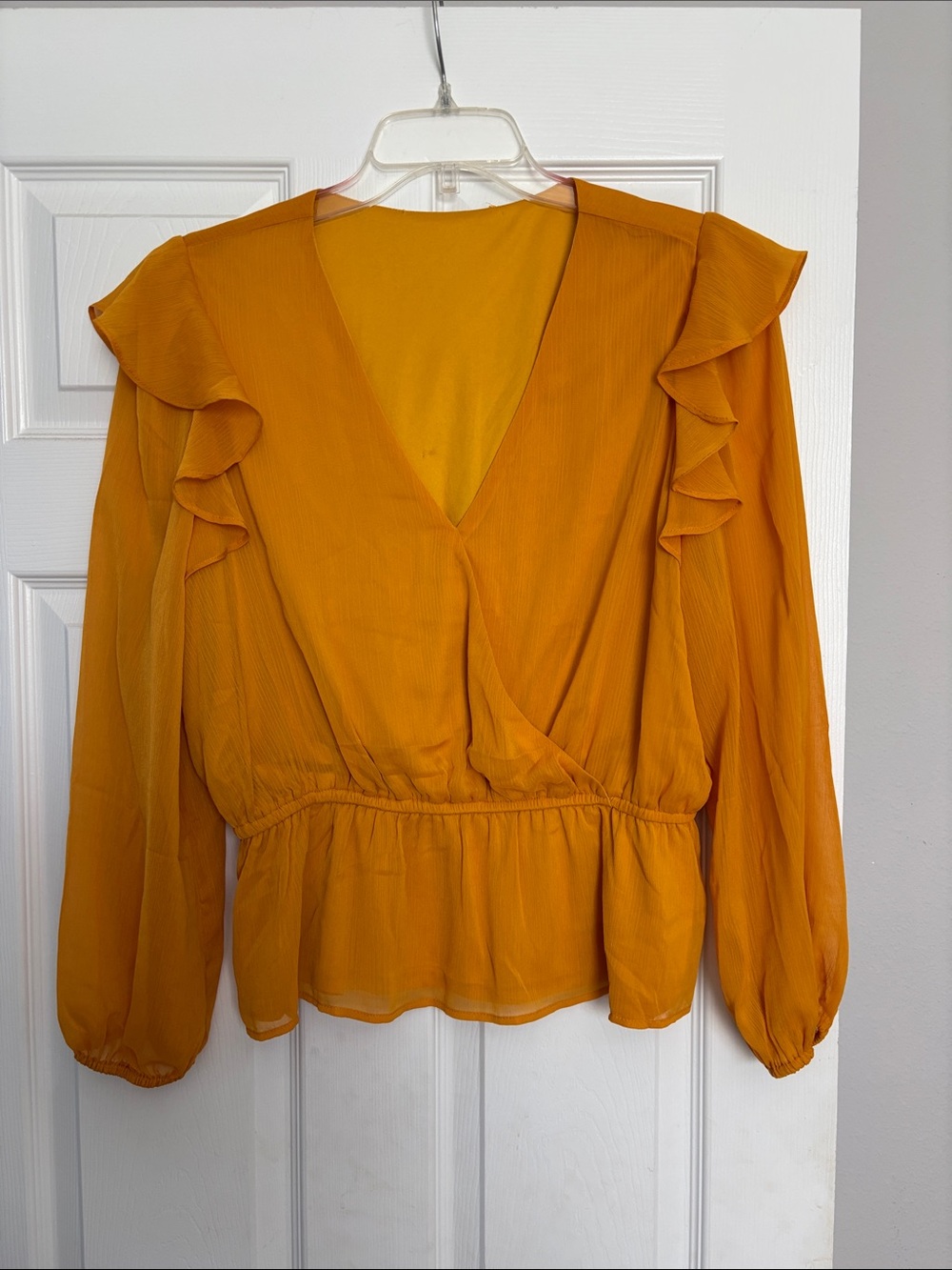 Flutter Sleeve V-Neck Peplum Blouse - Mustard